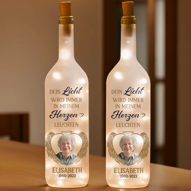 Personalisierte Flaschenlampe mit Foto – Gedenken an Verstorbene – Die Erinnerung bleibt