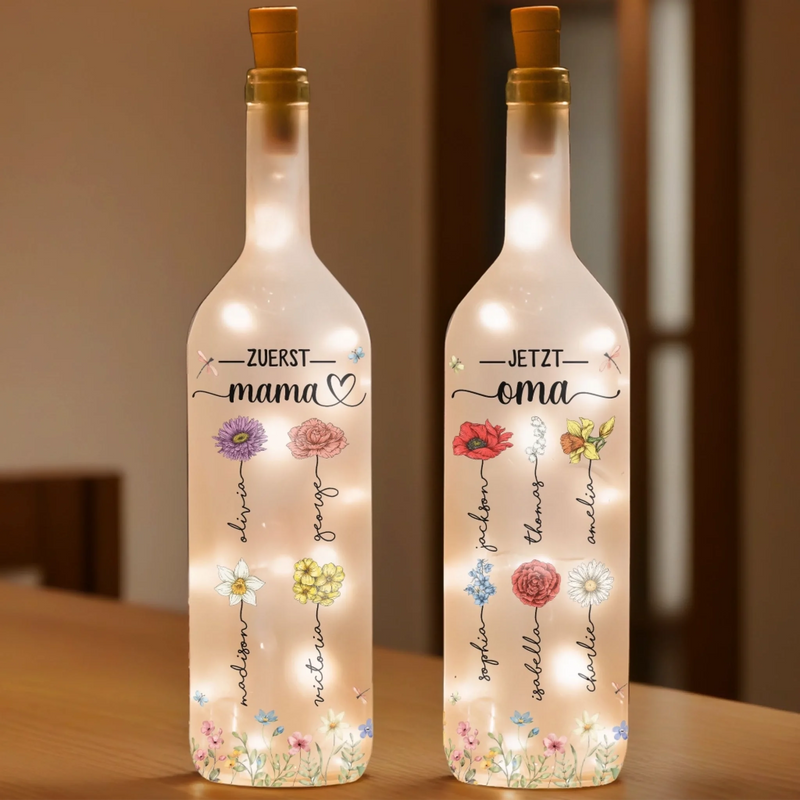 Personalisierte Flaschenlampe – Muttertagsgeschenk für Mama, Oma – Die Blüten der Generationen