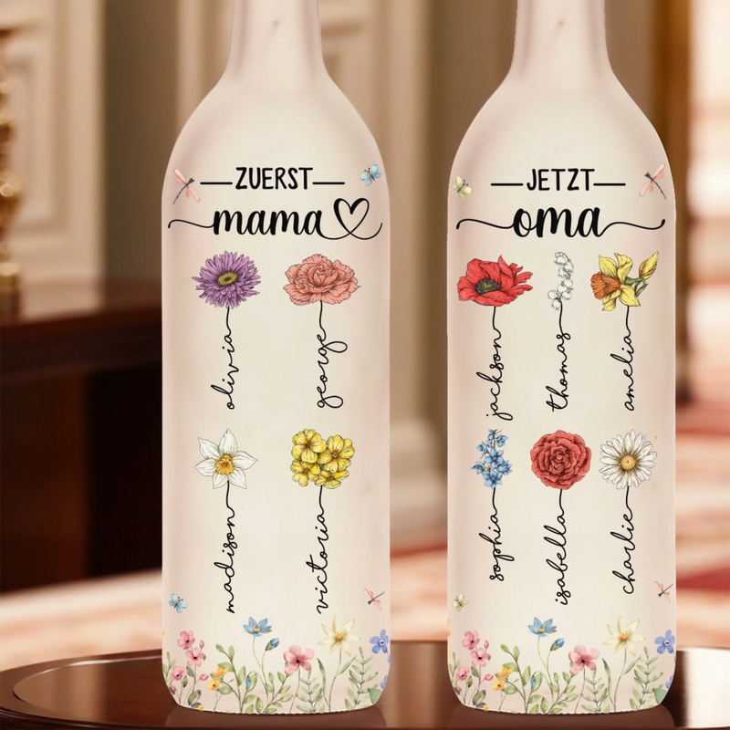 Personalisierte Flaschenlampe – Muttertagsgeschenk für Mama, Oma – Die Blüten der Generationen