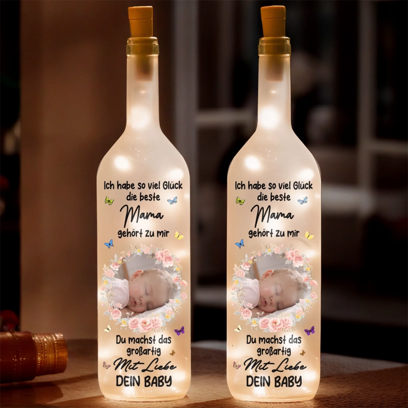 Personalisierte Flaschenlampe mit Foto – Muttertagsgeschenk für Mama – Du bist mein Glück
