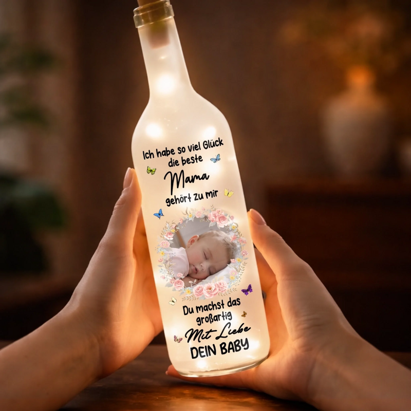Personalisierte Flaschenlampe mit Foto – Muttertagsgeschenk für Mama – Du bist mein Glück