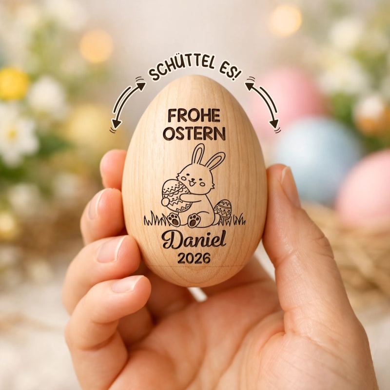 Personalisierter Eier-Shaker aus Holz – Ostergeschenk für Babys – Osterfreude