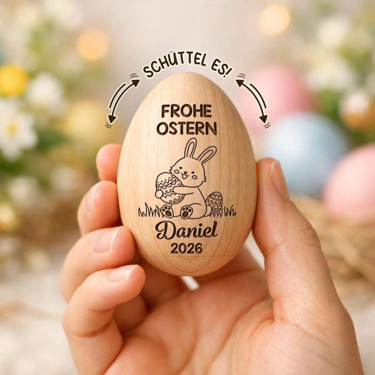 Personalisierter Eier-Shaker aus Holz – Ostergeschenk für Babys – Osterfreude