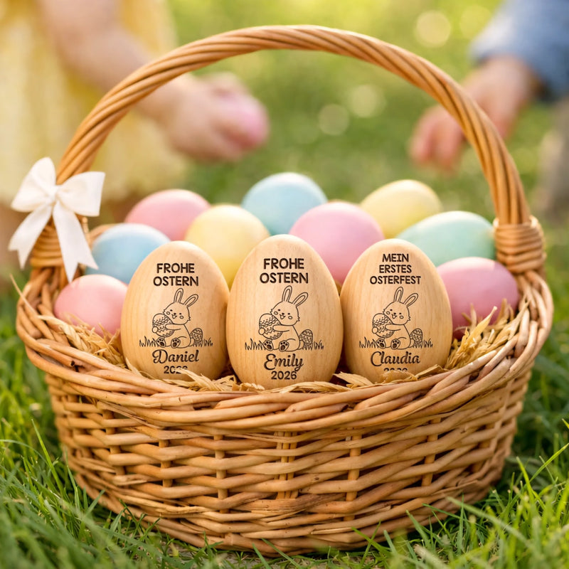 Personalisierter Eier-Shaker aus Holz – Ostergeschenk für Babys – Osterfreude