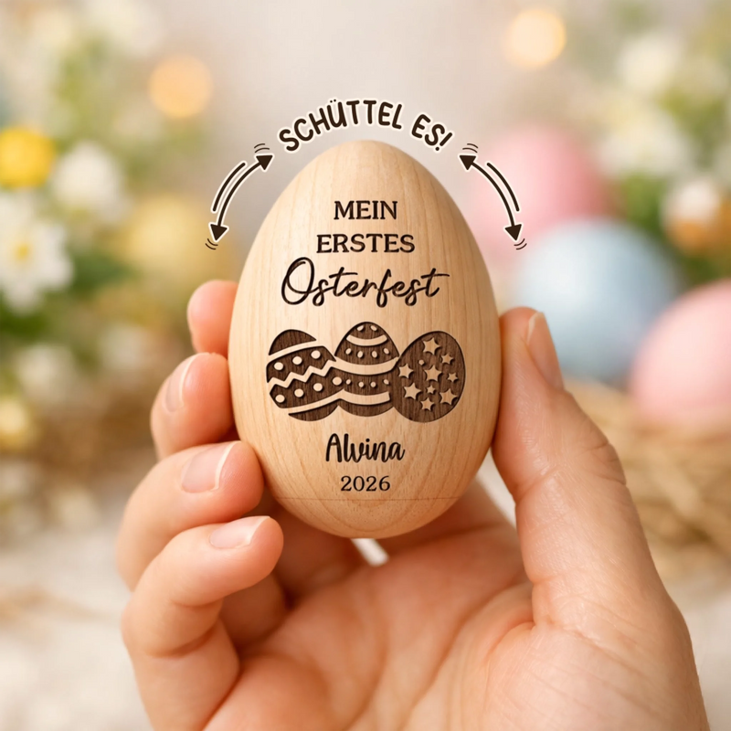 Personalisierter Eier-Shaker aus Holz – Ostergeschenk für Babys – Tradition in Holz