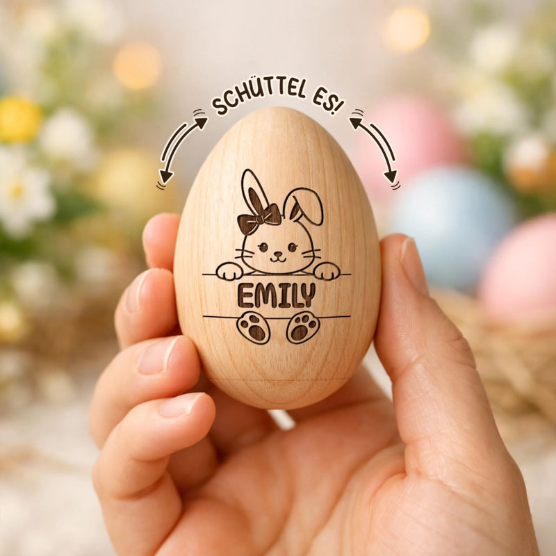 Personalisierter Eier-Shaker aus Holz – Ostergeschenk für Babys – Eier suchen, Freude finden