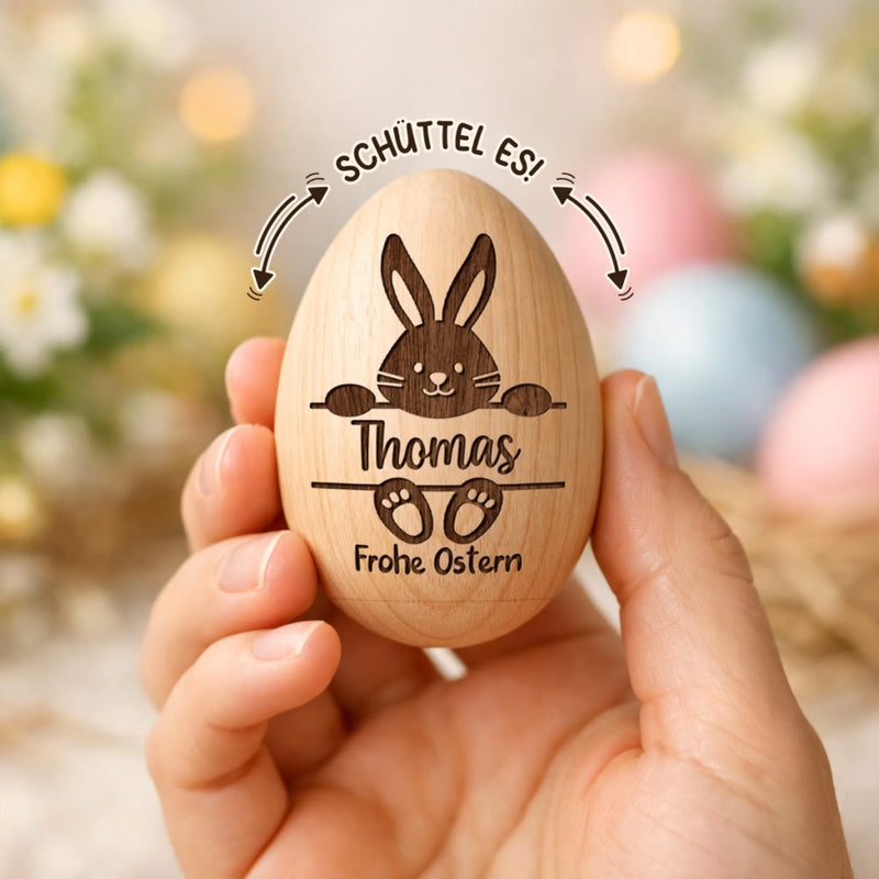 Personalisierter Eier-Shaker aus Holz – Ostergeschenk für Babys – Der Osterhase ist da