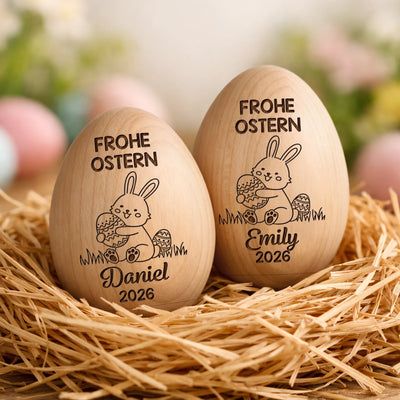 Personalisierter Eier-Shaker aus Holz – Ostergeschenk für Babys – Osterfreude