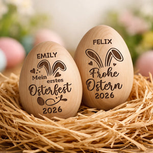 Personalisierter Eier-Shaker aus Holz – Ostergeschenk für Babys – Frohe Osterfreude