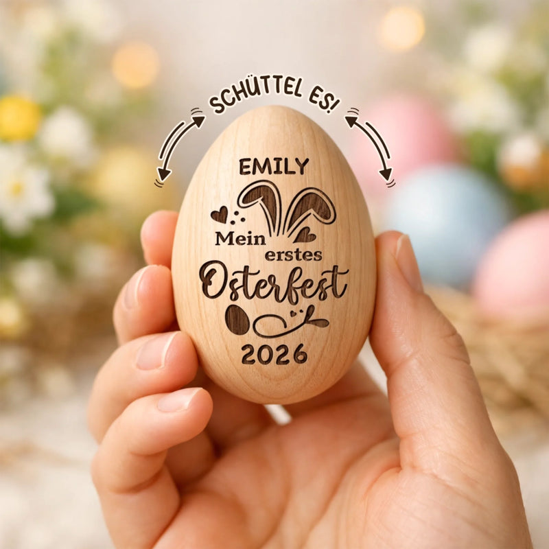 Personalisierter Eier-Shaker aus Holz – Ostergeschenk für Babys – Frohe Osterfreude