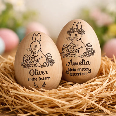 Personalisierter Eier-Shaker aus Holz – Ostergeschenk für Babys – Mein erstes Osterwunder