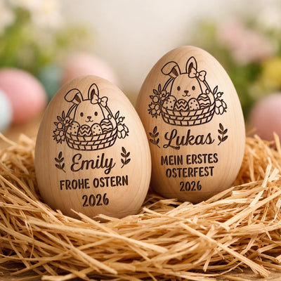 Personalisierter Eier-Shaker aus Holz – Ostergeschenk für Babys – Ostern voller Freude