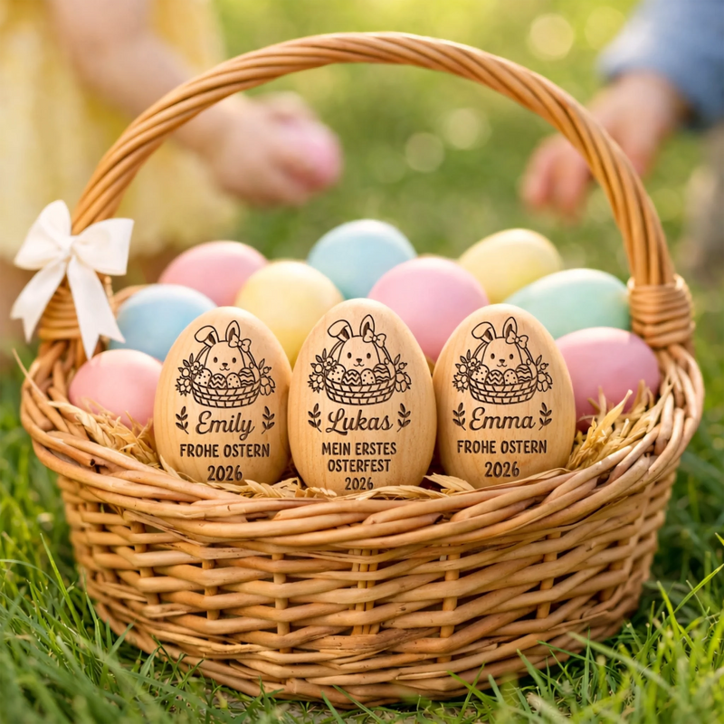 Personalisierter Eier-Shaker aus Holz – Ostergeschenk für Babys – Ostern voller Freude