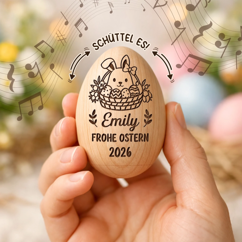 Personalisierter Eier-Shaker aus Holz – Ostergeschenk für Babys – Ostern voller Freude