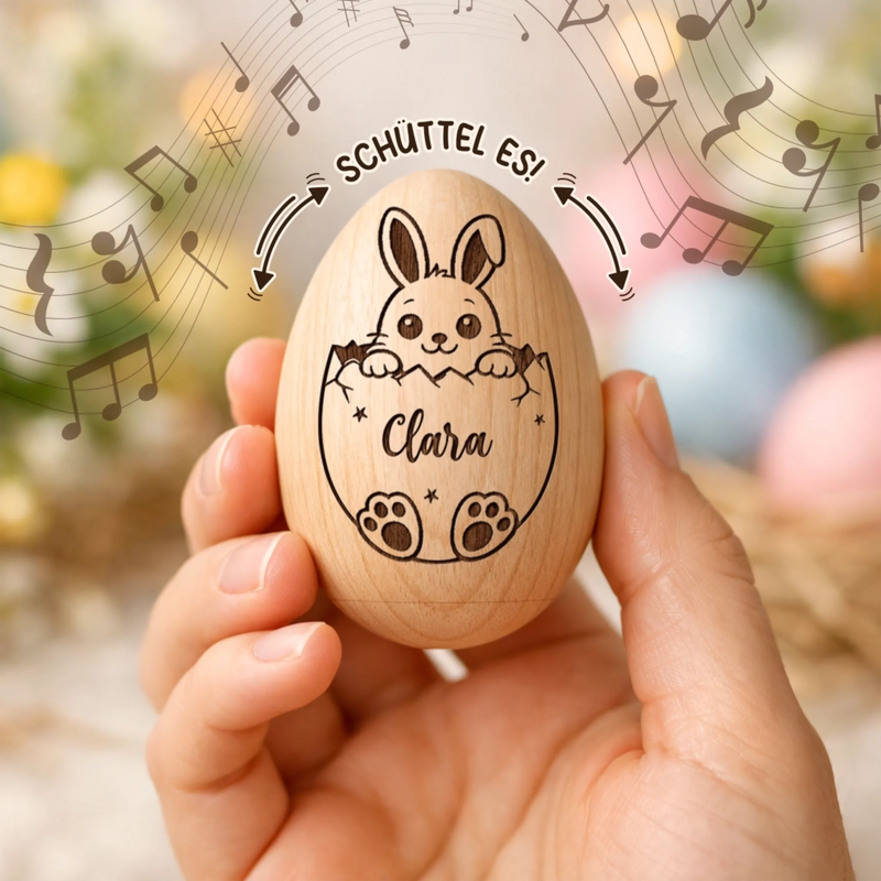 Personalisierter Eier-Shaker aus Holz – Ostergeschenk für Babys – Mein allererstes Ostern