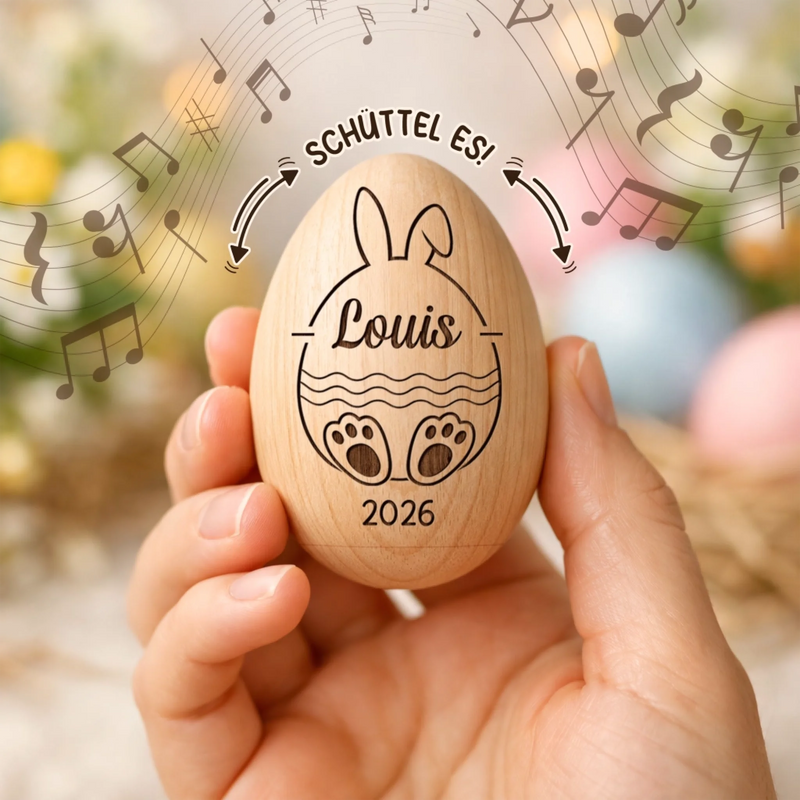 Personalisierter Eier-Shaker aus Holz – Ostergeschenk für Babys – Mein erstes Osterhäschen