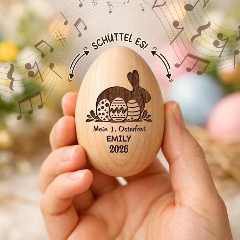 Personalisierter Eier-Shaker aus Holz – Ostergeschenk für Babys – Mein erstes Osterglück