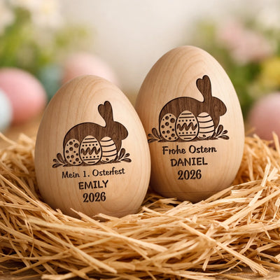 Personalisierter Eier-Shaker aus Holz – Ostergeschenk für Babys – Mein erstes Osterglück