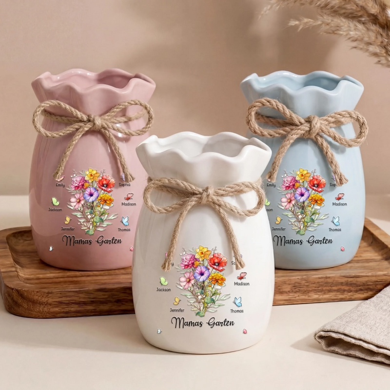Personalisierte Blumenvase mit Seil – Muttertagsgeschenk für Mama, Oma – Mamas Garten Familie