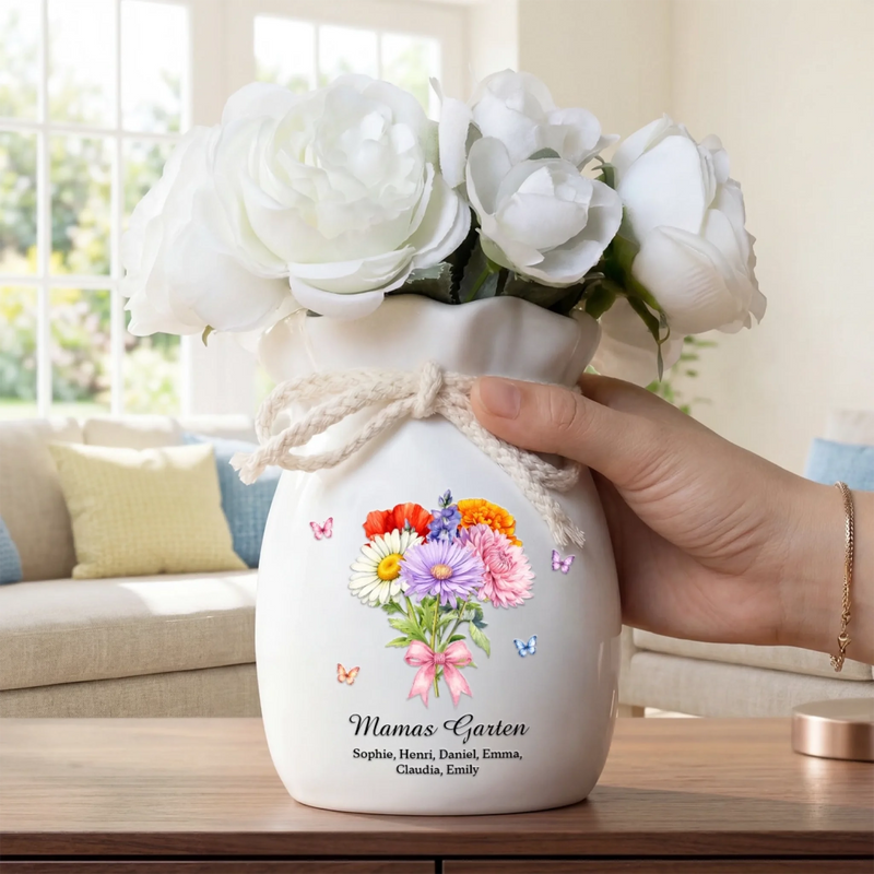 Personalisierte Blumenvase mit Seil – Muttertagsgeschenk für Mama, Oma – Der Garten unserer Mama