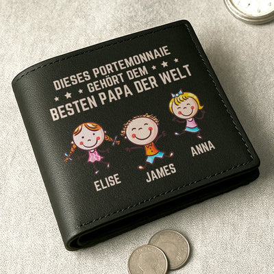 Individuell beidseitig bedruckte Ledergeldbörse – Personalisiertes Vatertagsgeschenk für Papa, Opa – Mein Papa, der Beste der Welt