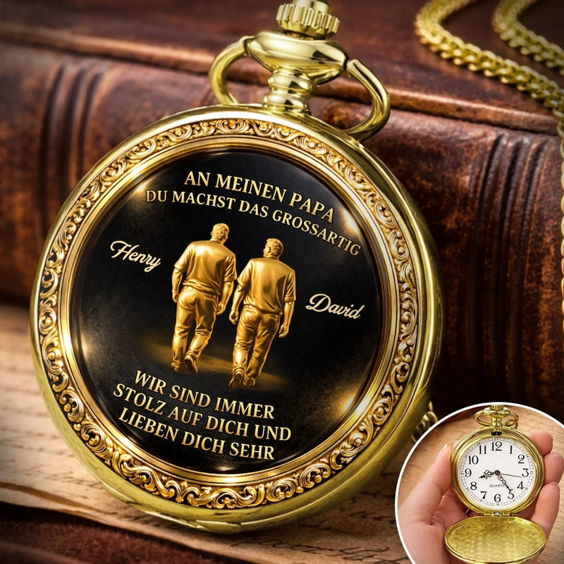 Personalisierte goldene Taschenuhr – Vatertagsgeschenk für Papa, Opa – Mit dir ist alles besser Papa