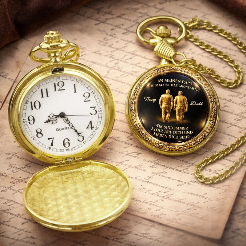 Personalisierte goldene Taschenuhr – Vatertagsgeschenk für Papa, Opa – Mit dir ist alles besser Papa