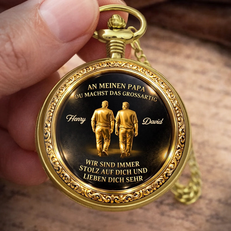 Personalisierte goldene Taschenuhr – Vatertagsgeschenk für Papa, Opa – Mit dir ist alles besser Papa