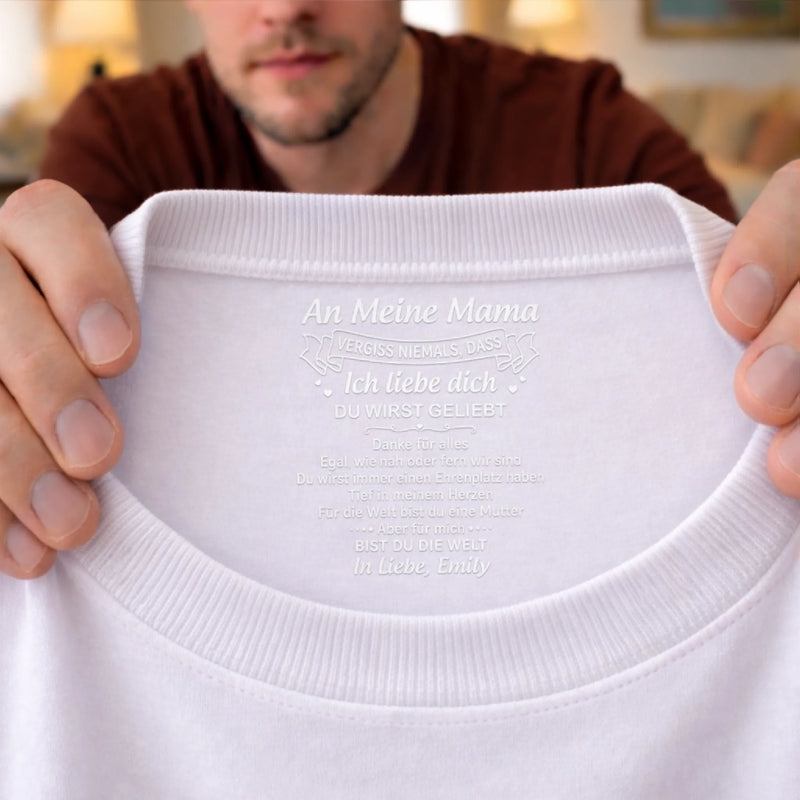 Personalisiertes Unisex-T-Shirt mit Innenkragen-Druck – Muttertagsgeschenke für Mama, Oma – Vergiss nie Ich liebe dich