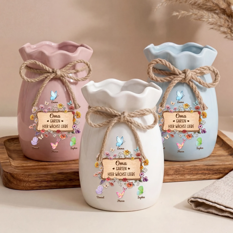 Personalisierte Blumenvase mit Seil – Muttertagsgeschenk für Mama, Oma – Mamas Garten voller Liebe
