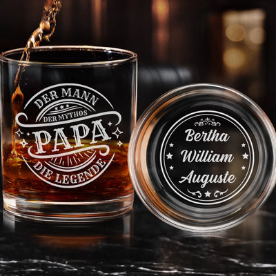 Personalisiertes Whiskyglas mit Boden- und Seiten-Gravur – Vatertagsgeschenk für Papa, Opa – Legenden Heissen Papa