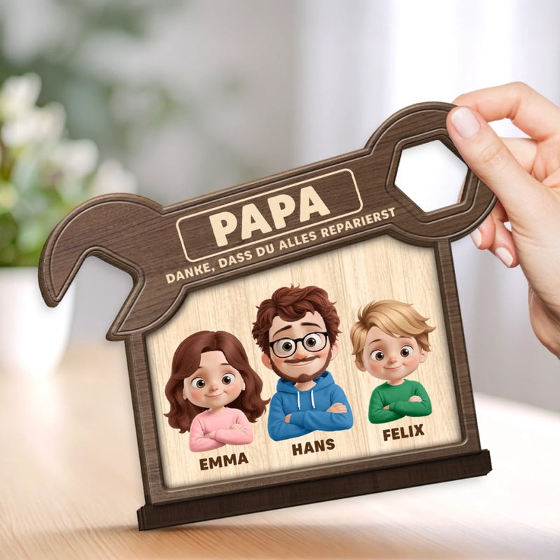 Personalisierte zweilagige Holzplakette - Vatertagsgeschenke für Papa, Opa - Erst Papa, dann Werkzeug
