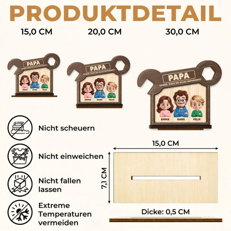 Personalisierte zweilagige Holzplakette - Vatertagsgeschenke für Papa, Opa - Erst Papa, dann Werkzeug