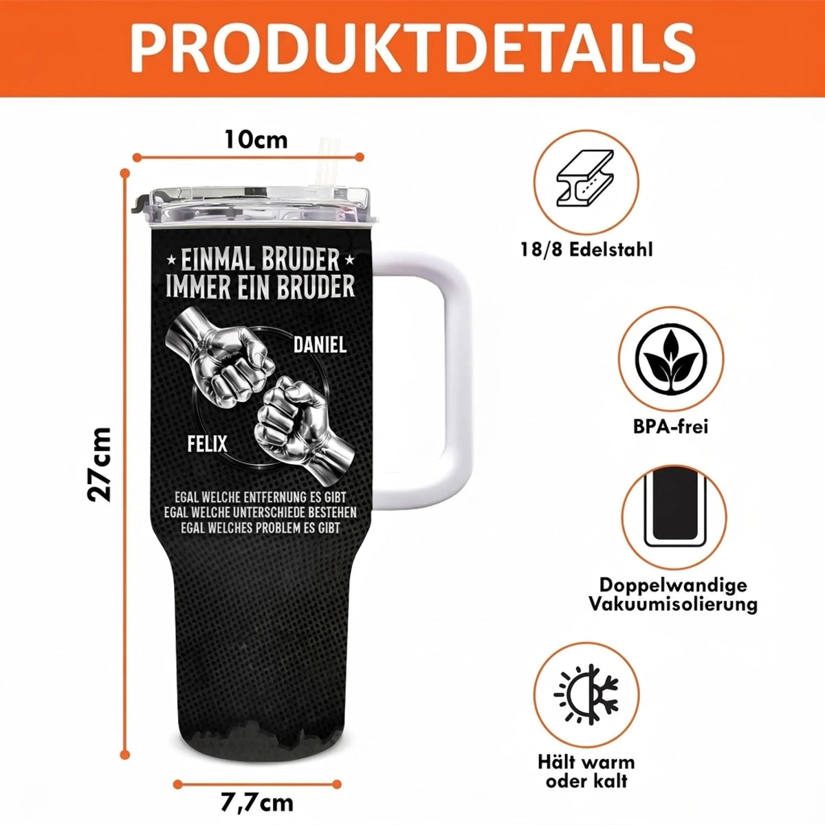 Personalisierter 40 oz Edelstahl-Tumbler mit Griff – Geschenk für Bruder - Einmal Bruder, immer Familie