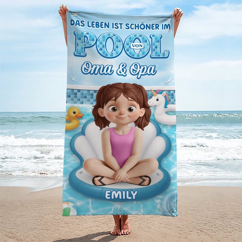 Personalisiertes Strandtuch – Geschenk für Freundinnen & Schwestern – Das Leben Ist Schöner Im Pool