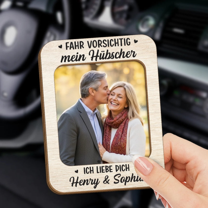 Personalisierte Sonnenblende Clip Fürs Auto mit Foto - Hochzeitsgeschenke zum Jahrestag für Paar – Fahr vorsichtig, mein Hübscher