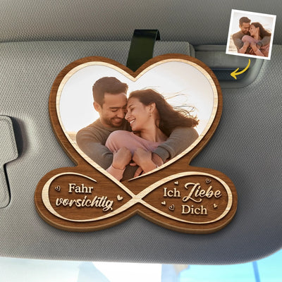 Personalisierte Sonnenblende Clip Fürs Auto mit Foto - Hochzeitsgeschenke zum Jahrestag für Paar – Fahr vorsichtig, Ich liebe dich