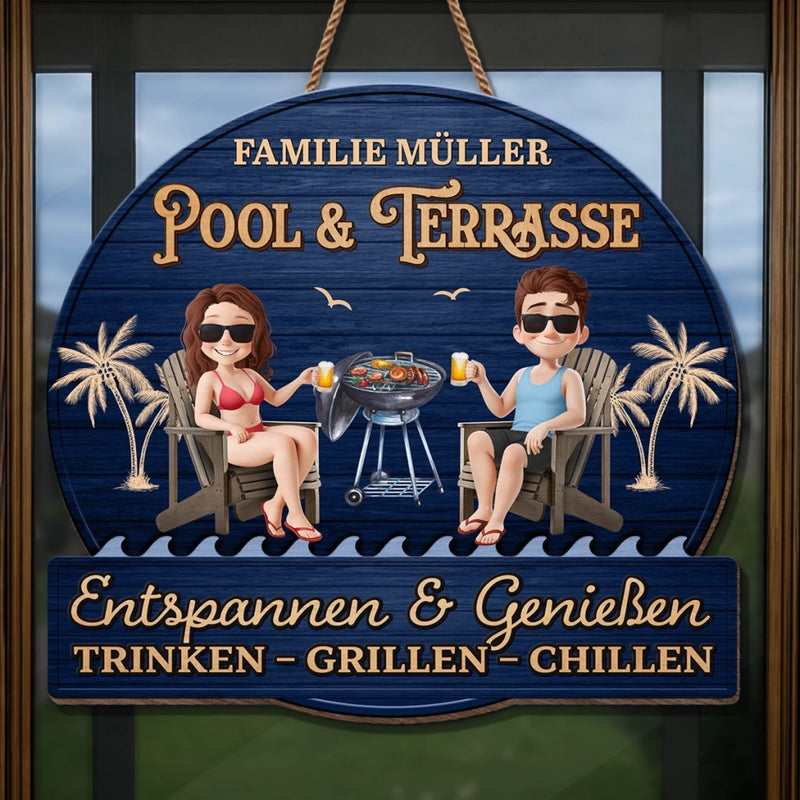 Personalisiertes Holzschild – Geschenk für Paare, Familie – Nur ein Pärchen und ein Pool