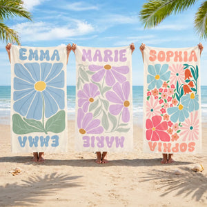 Personalisiertes Strandtuch – Geschenk für Dich selbst – Ich liebe Blumen und das Meer