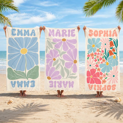 Personalisiertes Strandtuch – Geschenk für Dich selbst – Ich liebe Blumen und das Meer