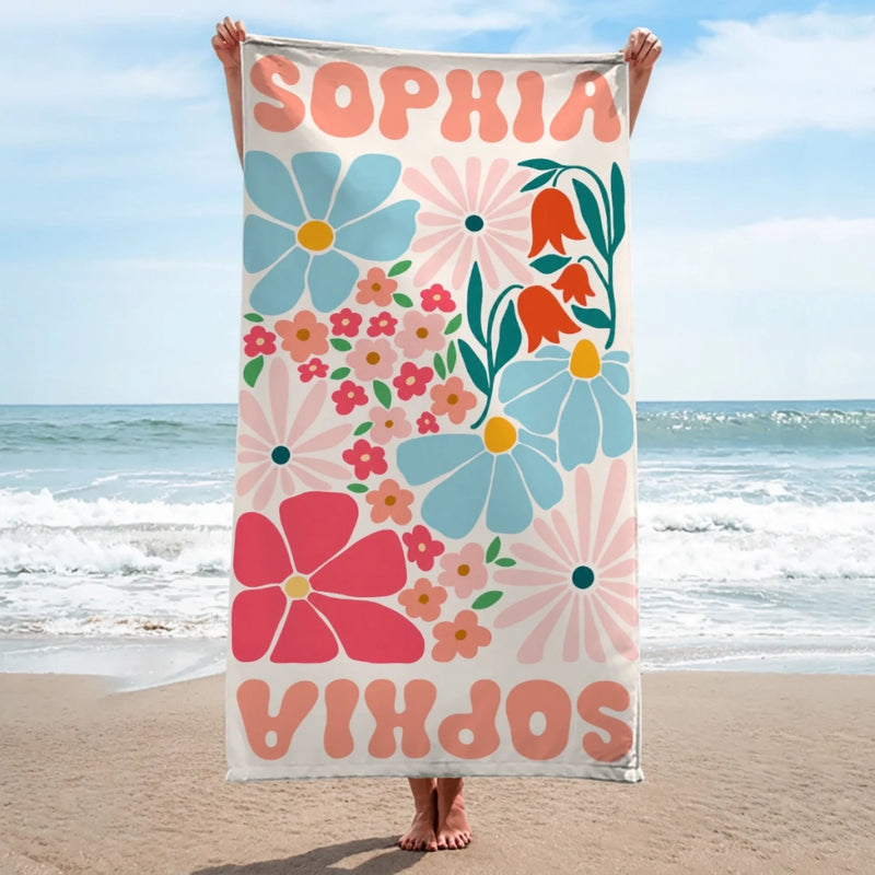 Personalisiertes Strandtuch – Geschenk für Dich selbst – Ich liebe Blumen und das Meer