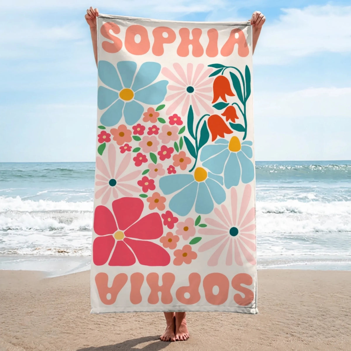 Personalisiertes Strandtuch – Geschenk für Dich selbst – Ich liebe Blumen und das Meer