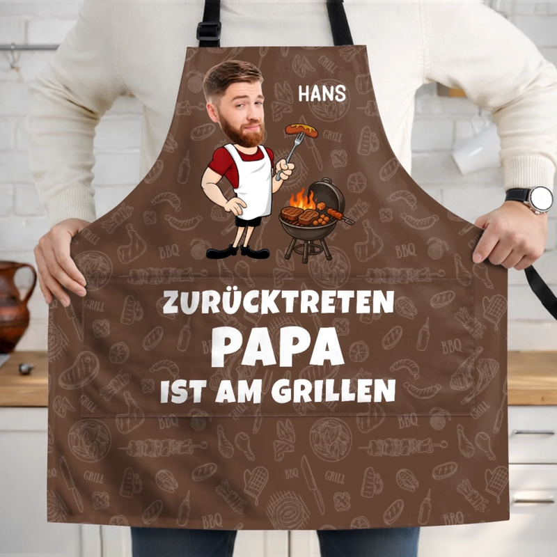 Personalisierte Schürze Mit Tasche mit Photo – Vatertagsgeschenk für Papa, Opa – Papa macht Feuer & Essen