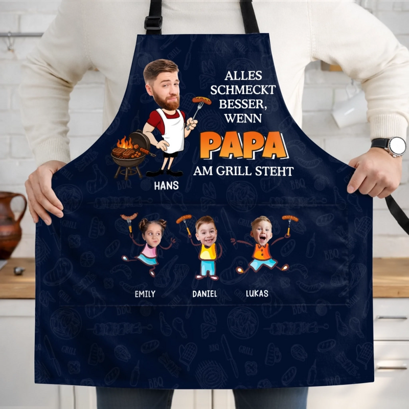 Personalisierte Schürze Mit Tasche mit Photo – Vatertagsgeschenk für Papa, Opa – Der Grill Läuft Besser Mit Papa