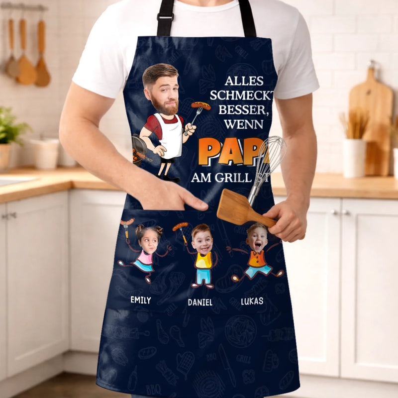 Personalisierte Schürze Mit Tasche mit Photo – Vatertagsgeschenk für Papa, Opa – Der Grill Läuft Besser Mit Papa
