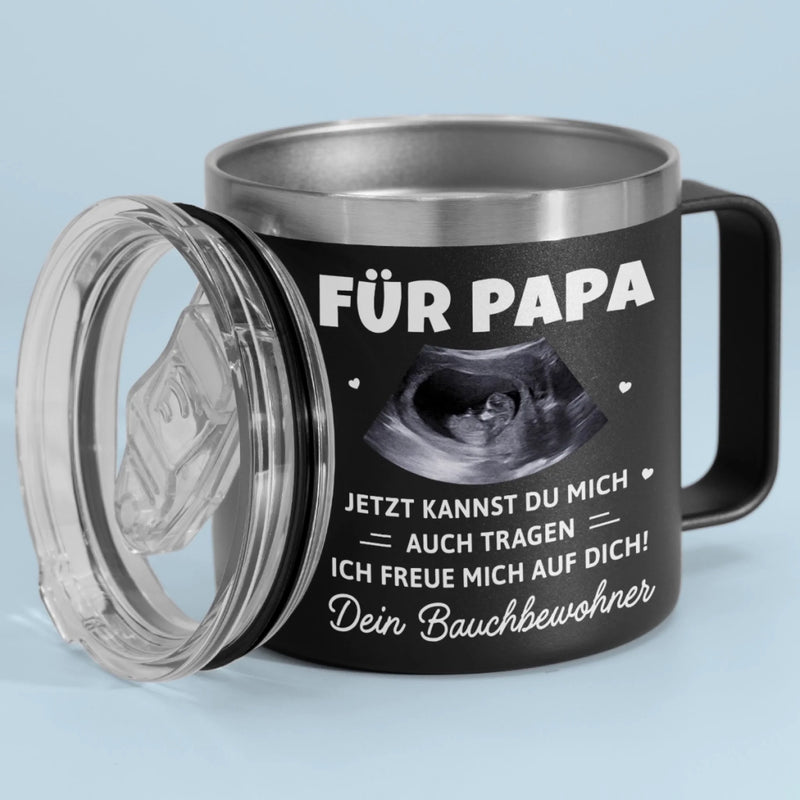 Personalisierter Foto-Thermosbecher mit Henkel – Geschenk für Einen Neuen Papa – Bald Darfst Du Mich Im Arm Tragen
