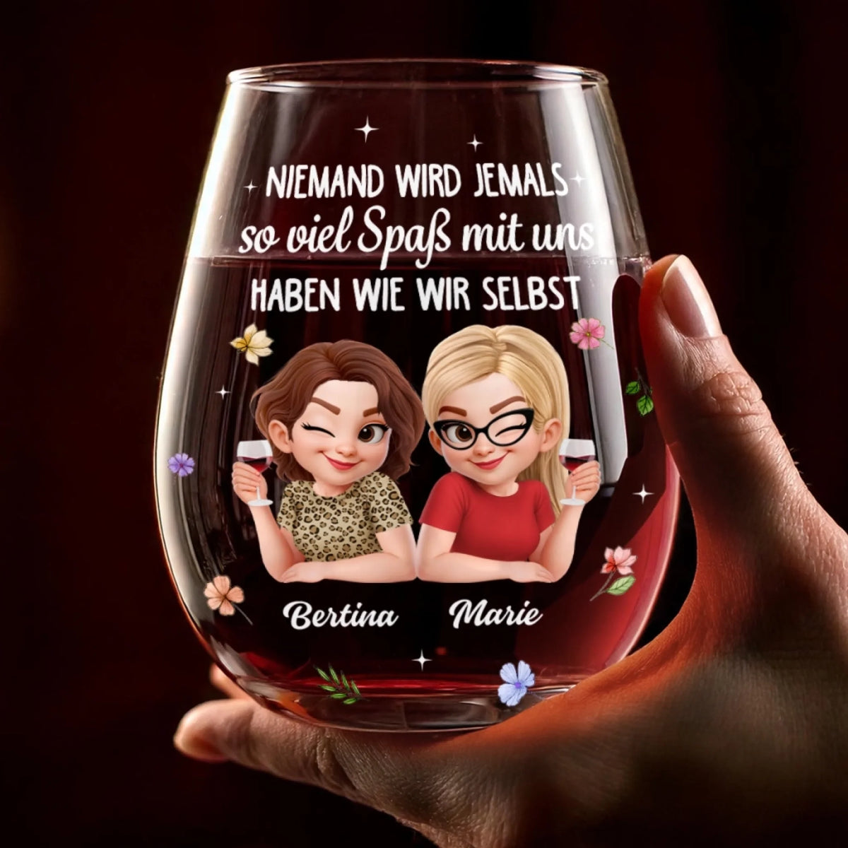 Personalisierter Weinglas – Geschenk für Schwestern, Freundinnen – Mit Uns Wird’s Nie Langweilig