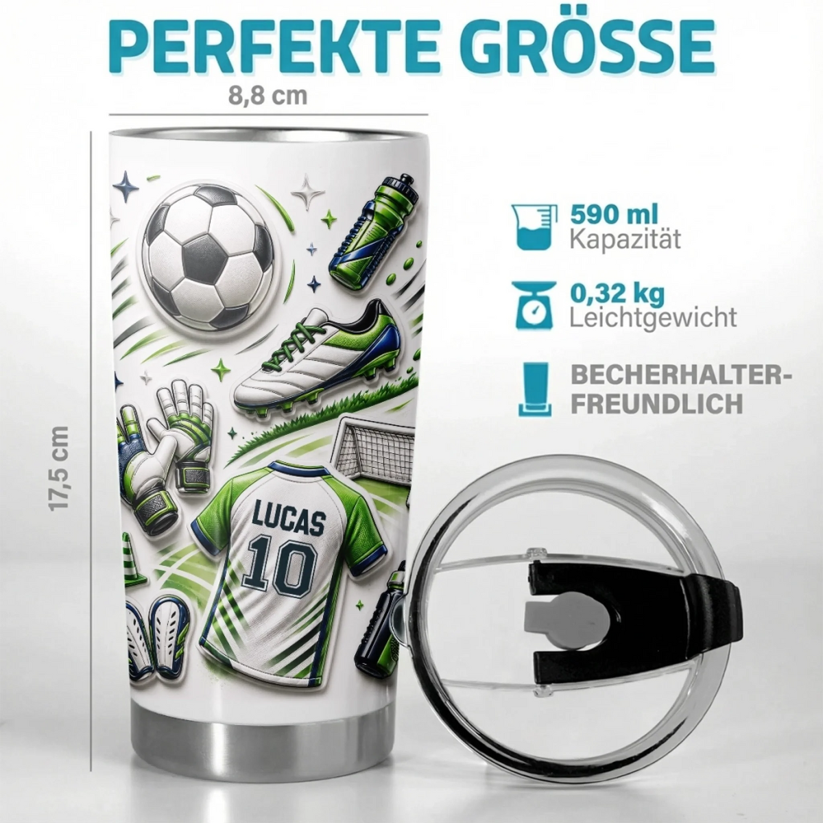 Personalisierter Becher mit 3D-Effekt – Geschenk für Fußballfans, Sportfans – Trainieren wie ein Champion