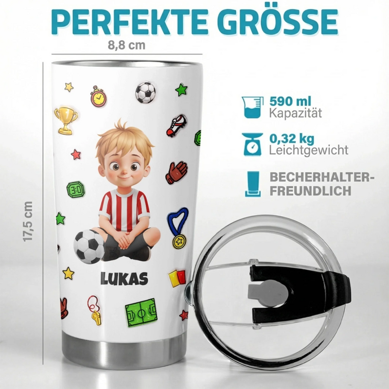 Personalisierter Becher mit 3D-Effekt – Geschenk für Fußballfans, Sportfans – Nie Aufgeben, Immer Kämpfen