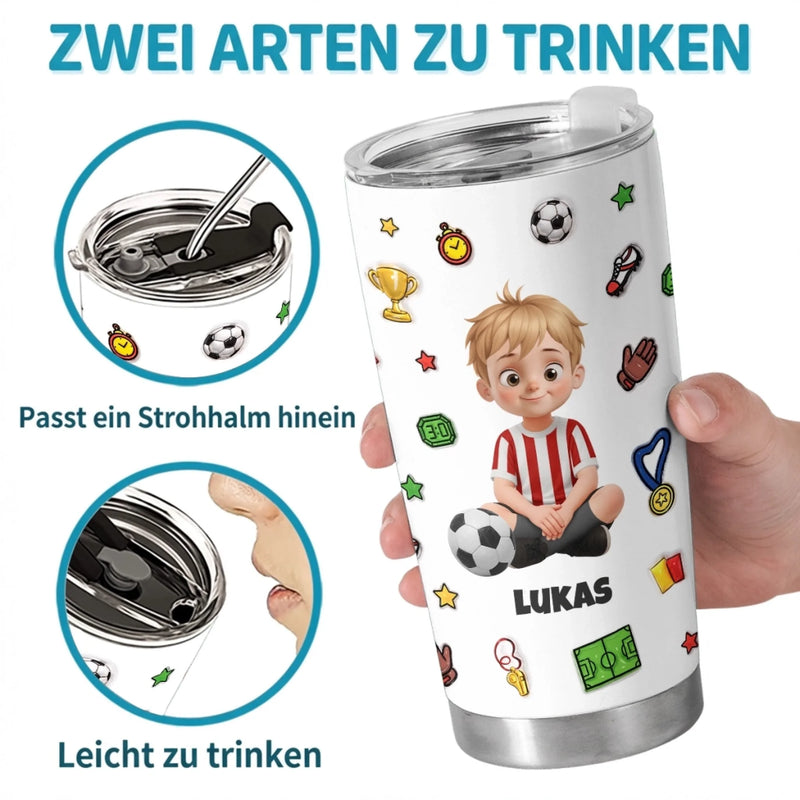 Personalisierter Becher mit 3D-Effekt – Geschenk für Fußballfans, Sportfans – Nie Aufgeben, Immer Kämpfen